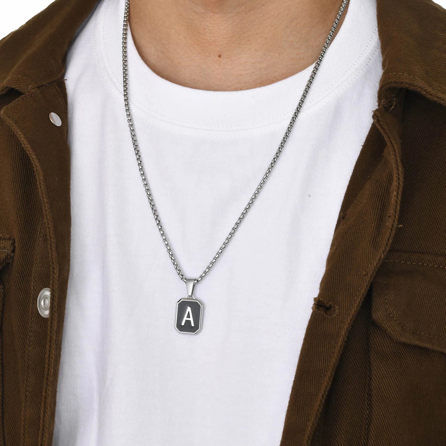 Stylish Initials Square Necklaces for Men 26 Letters Stainless Steel Pendant