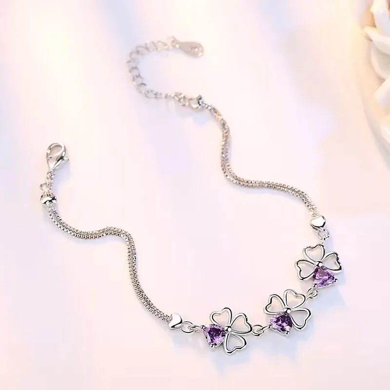 925 Sterling Silver Purple Crystal Lucky Clover Womens Bracelets