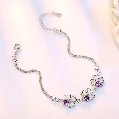 925 Sterling Silver Purple Crystal Lucky Clover Womens Bracelets