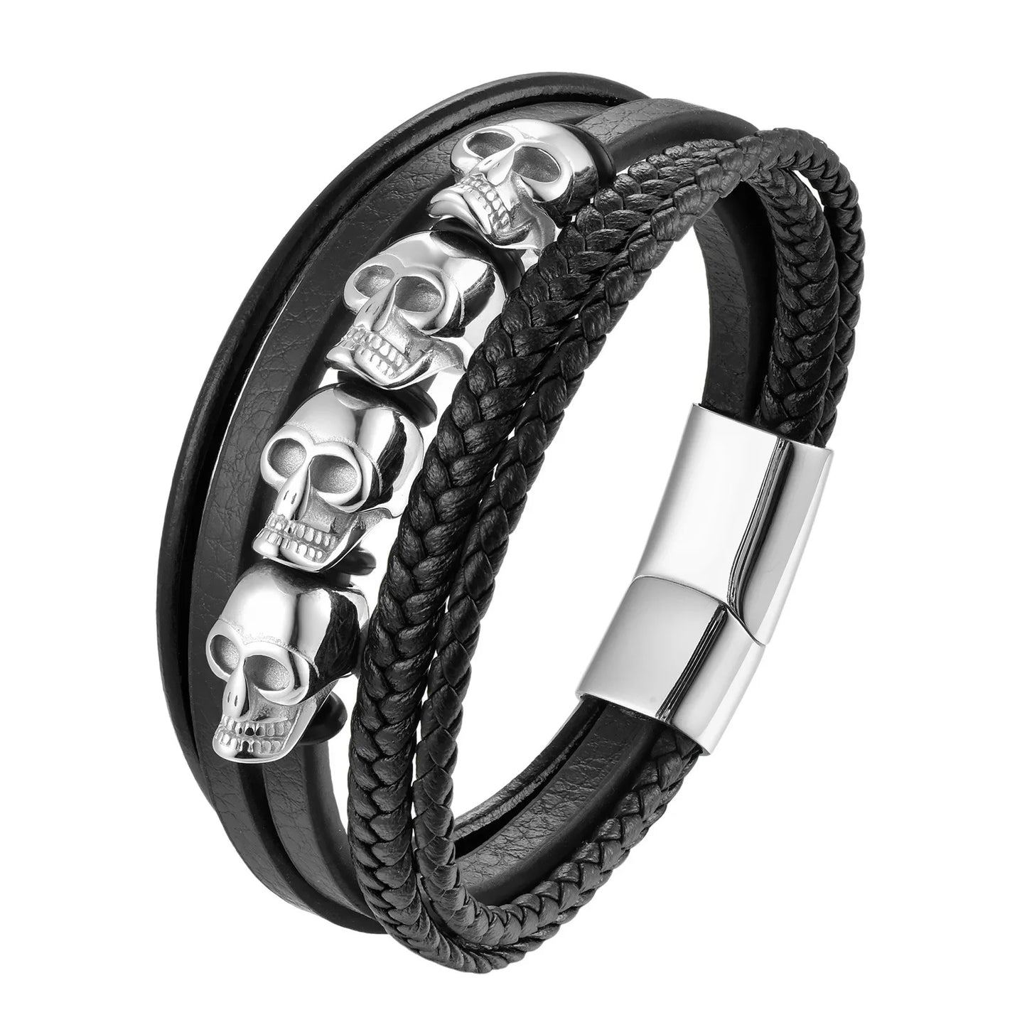 Stainless Steel Cool Skull Braided Mens Leather Bracelet