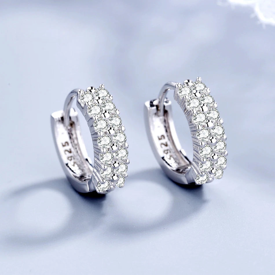 925 Sterling Silver Needle Earrings Double Row Crystal Zircon