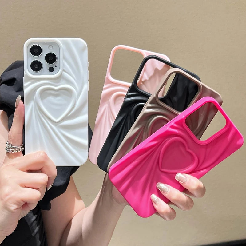 Fold Wrinkle 3D Love Heart Silicone Phone Case For iPhone 15 14 13 12 11