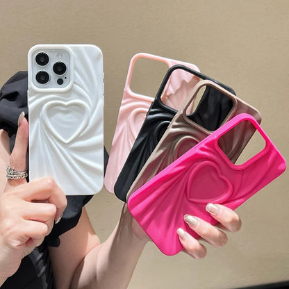 Fold Wrinkle 3D Love Heart Silicone Phone Case For iPhone 15 14 13 12 11