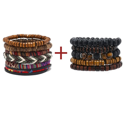 4pcs Set Braided Wrap Leather Mens Bracelet Ethnic Tribal Wristband