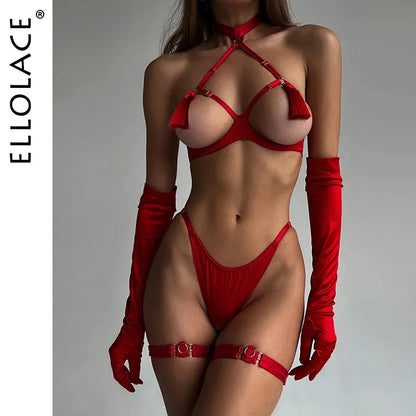 Sensual Tassel Fetish Lingerie See Through Open Bra Bilizna Set