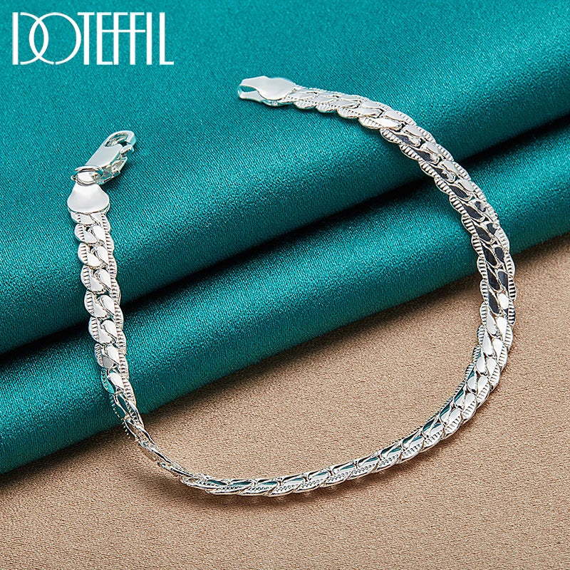 925 Silver Bracelet 6mm Flat Side Chain Lobster Clasp For Woman Man