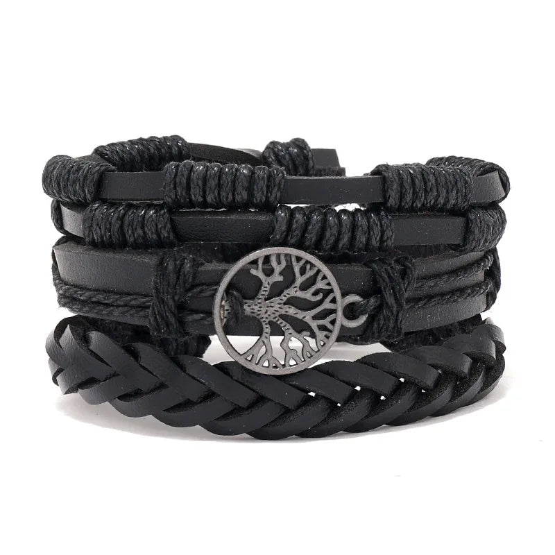 4pcs Set Braided Wrap Leather Mens Bracelet Ethnic Tribal Wristband