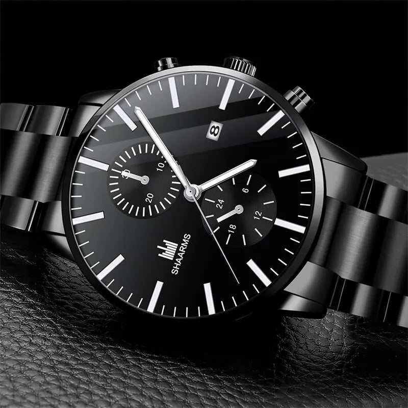 Mens Fashion Quartz Watch Stainless Steel Bracelet Set