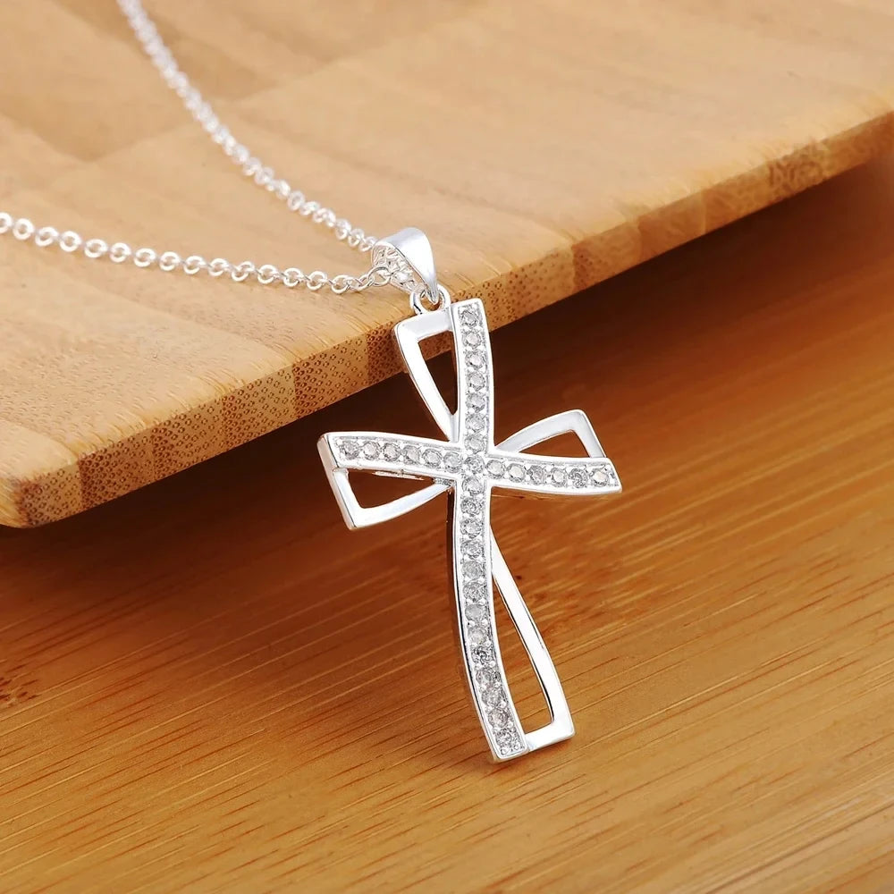 925 Sterling Silver Necklace for Women Cyrstal Cross Pendant Chain