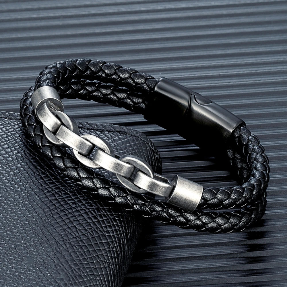 Locomotive Men Punk Rock Bicycle Chain Leather Bracelet