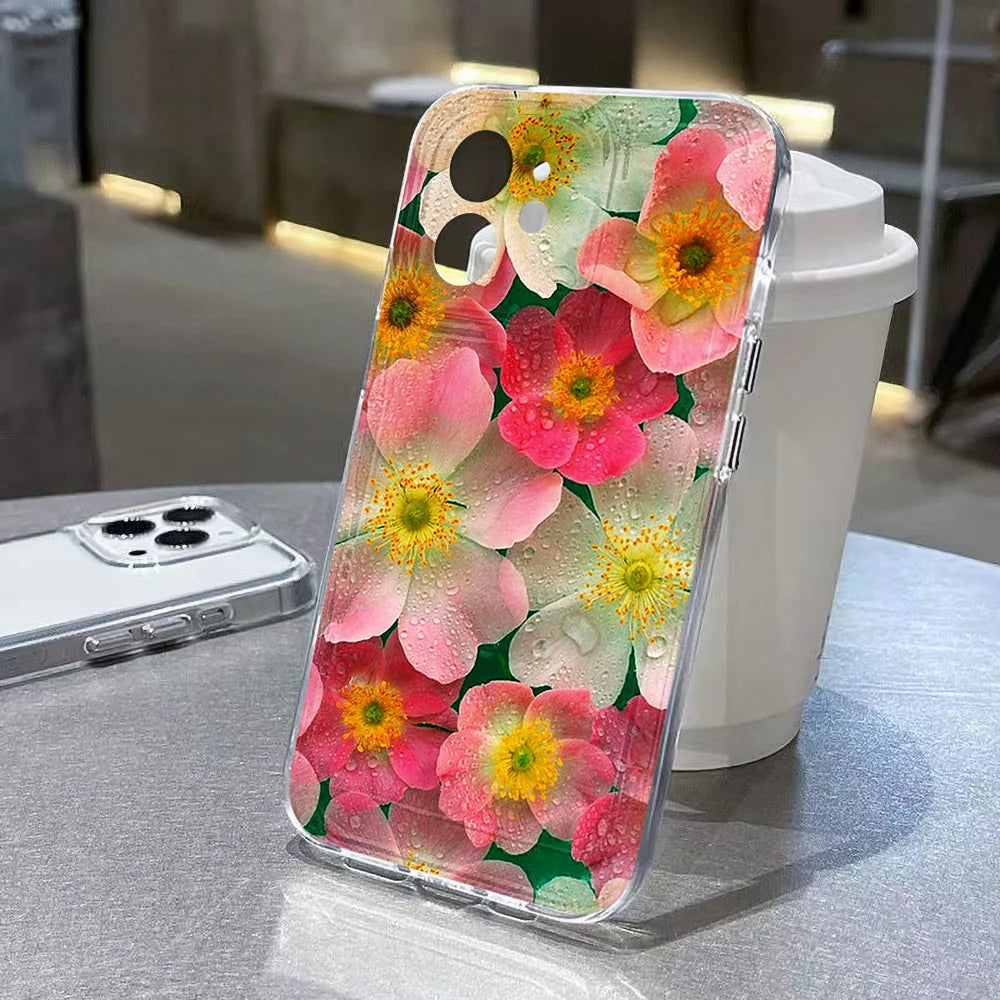 Rose Flower Clear Phone Case For iPhone 16 15 14 Pro Max Shockproof