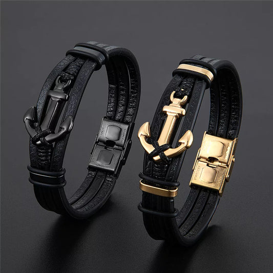 Punk Stainless Steel Anchor Bracelets Genuine Leather Mens Bracelet