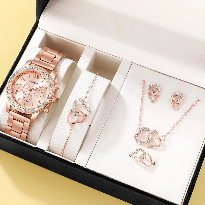 6PCS Set Luxury Women Ring Necklace Earring Rhinestone Watch