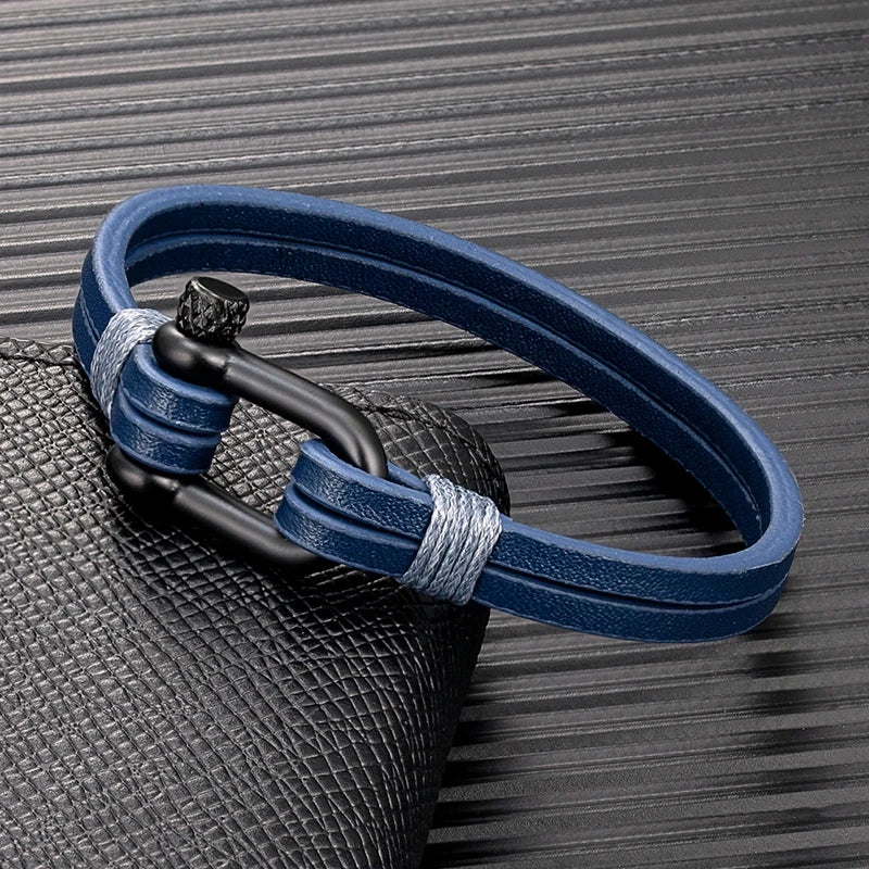 Mens U Shape Shackle Bracelet Double Layer Leather Bracelets