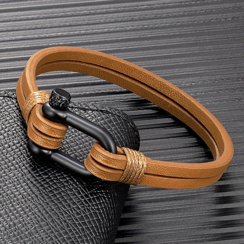 Mens U Shape Shackle Bracelet Double Layer Leather Bracelets