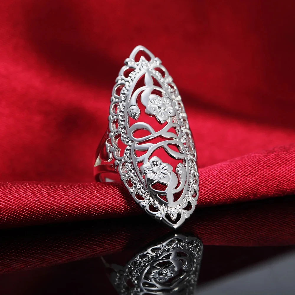 925 Sterling Silver Rings Women Retro Hollow Wide Flower