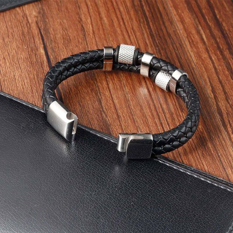 Charm Braid Rope Leather Bracelet For Mens Stainless Steel Magnetic Buckle