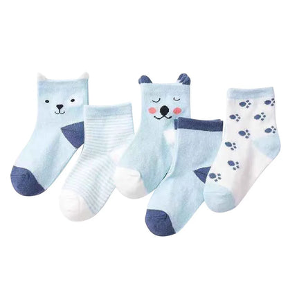 5 Pairs Cartoon Baby Socks Spring Autumn Stripe Dot Girls Boys