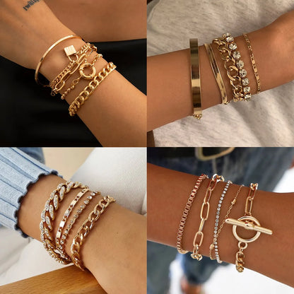 Punk Heavy Metal Rhinestone Chain Womens Bracelets Set