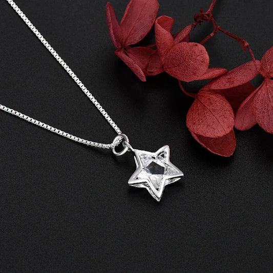 925 Sterling Silver Pretty Shining Crystal Star Necklace for Women