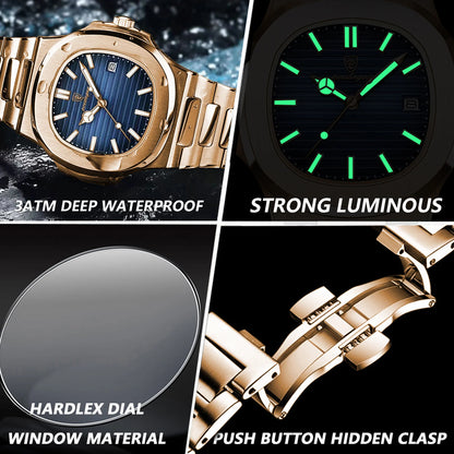 Stainless Steel Quartz Mens Square Watch Waterproof Luminous Date