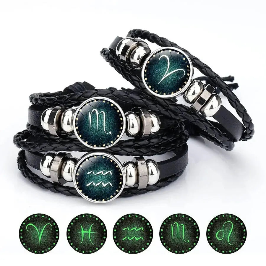 Luminous 12 Constellation Artificial Gemstone Rope PU Leather Bracelet