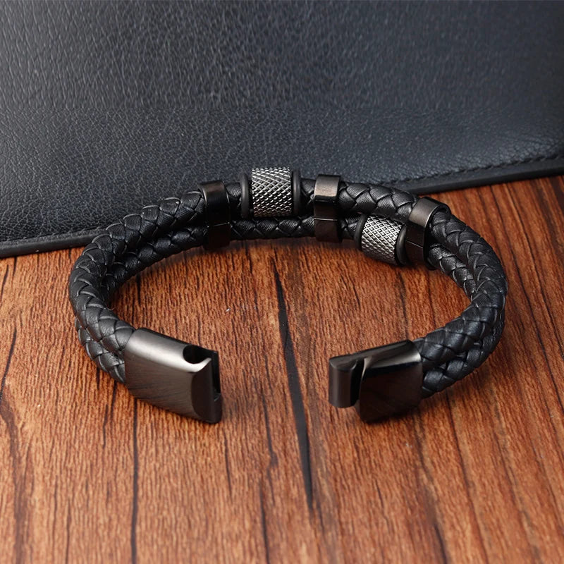 Charm Braid Rope Leather Bracelet For Mens Stainless Steel Magnetic Buckle