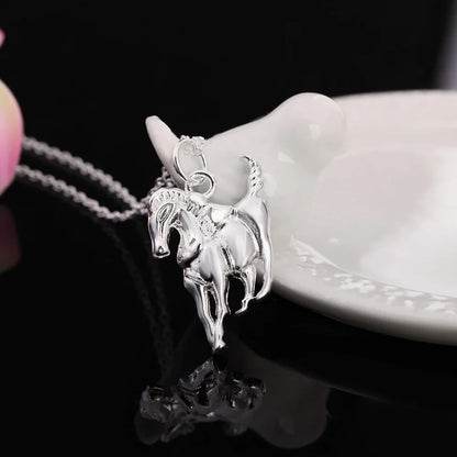 925 Sterling Silver Women Elegant Horse Pendants Chain Necklace