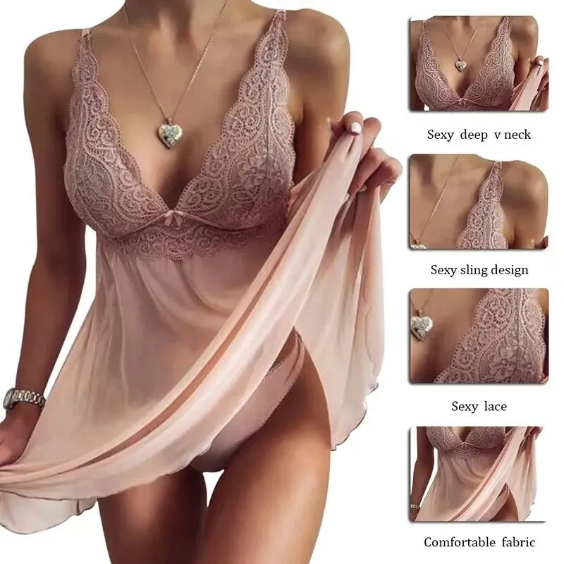 Womens Sexy Lingerie Open Crotch Lace Transparent Nightwear