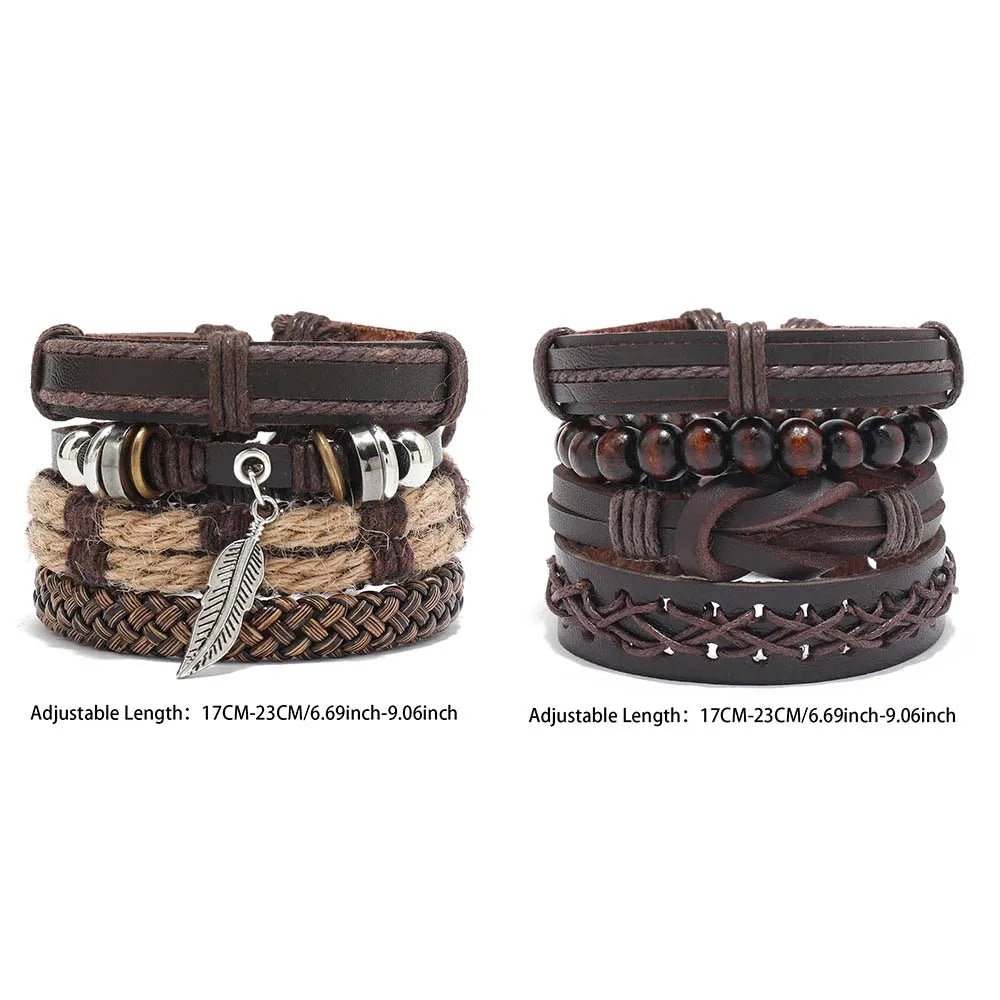 4pcs Set Braided Wrap Leather Mens Bracelet Ethnic Tribal Wristband