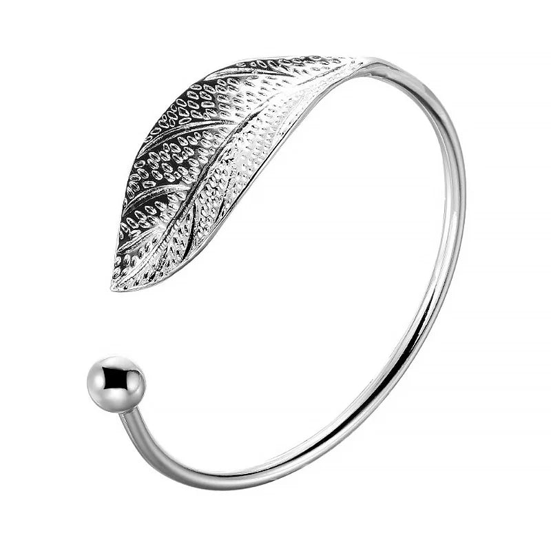 925 Sterling Silver Woman Cuff Bracelet Open Leaf Shaped Adjustable