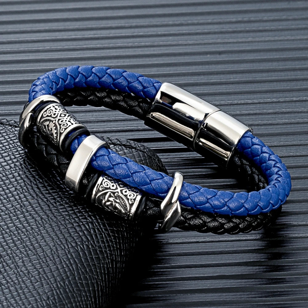 Punk Viking Style Stainless Steel Beads Braided Multilayer Leather Bracelet