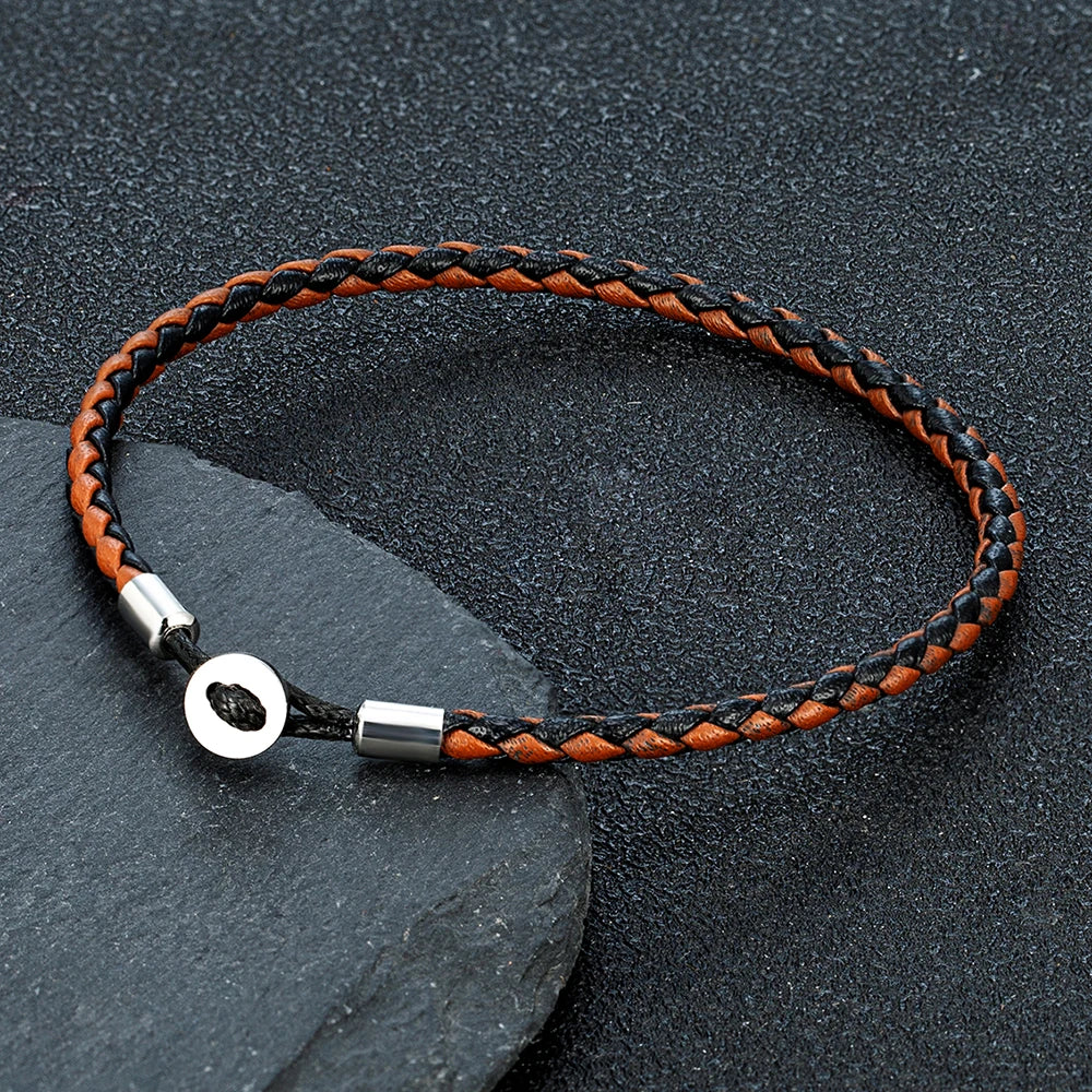 Unisex Simple Style Stainless Steel Button Braided Leather Bracelet