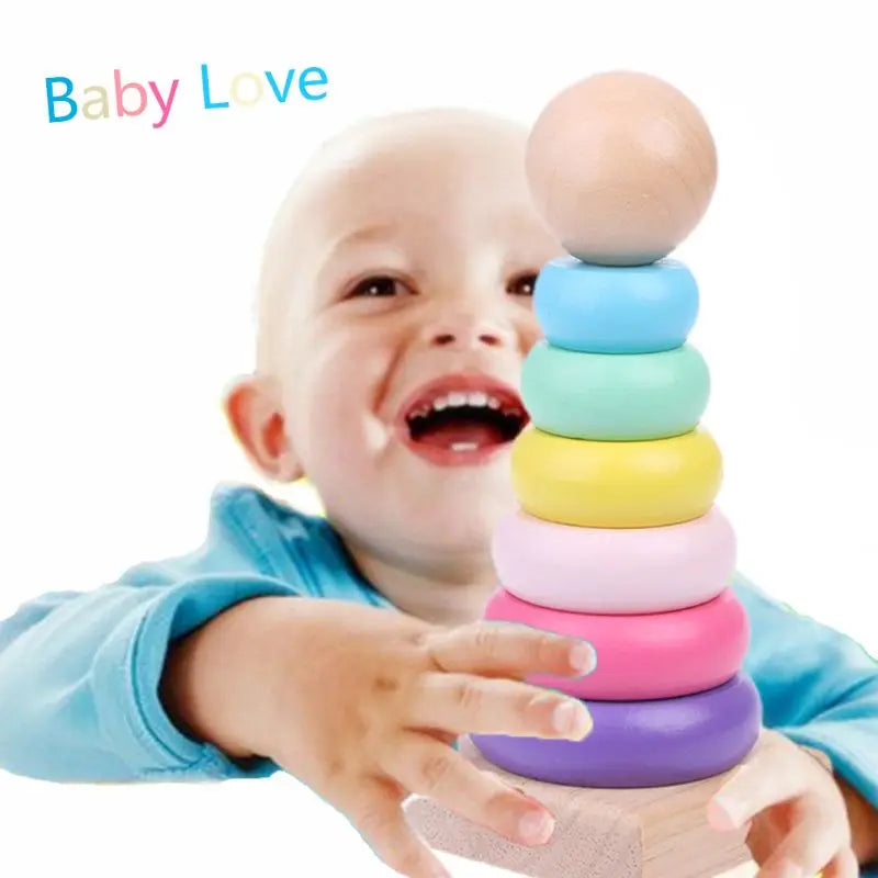 Children Rainbow Tower Ferrule Wooden Toy Stacking Circle Baby Puzzle