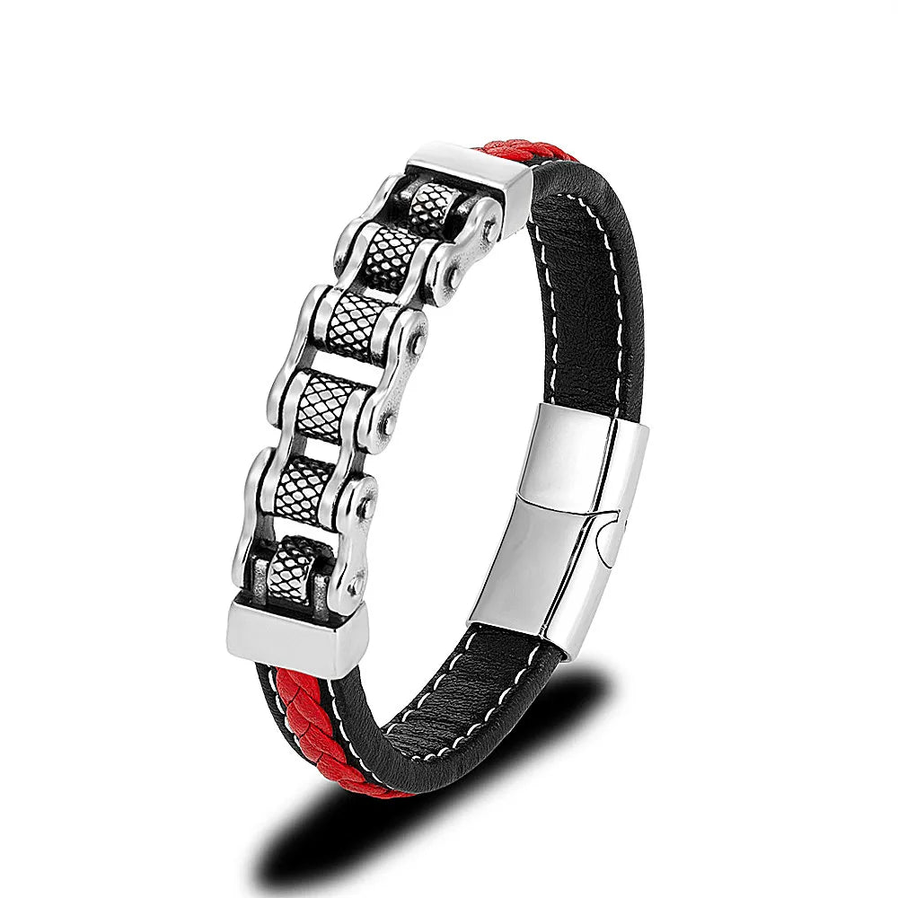 Punk Men Biker Chain Braided Leather Bracelet Stainless Steel Magnetic Buckle