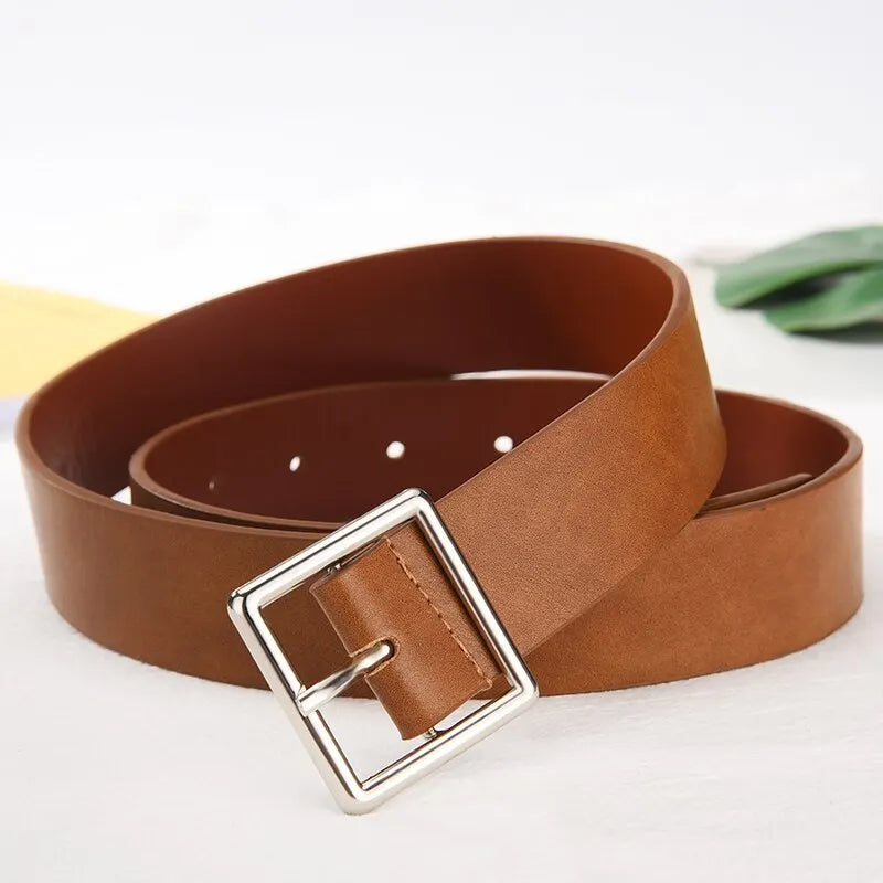 Womens Belt Soft Pu Leather Square Buckle