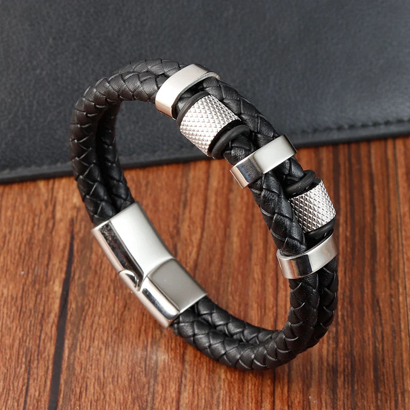 Charm Braid Rope Leather Bracelet For Mens Stainless Steel Magnetic Buckle