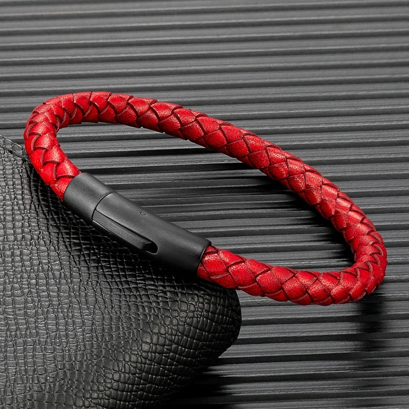 Minimalist Men Genuine Braided Leather Bracelet Magnetic Buckle