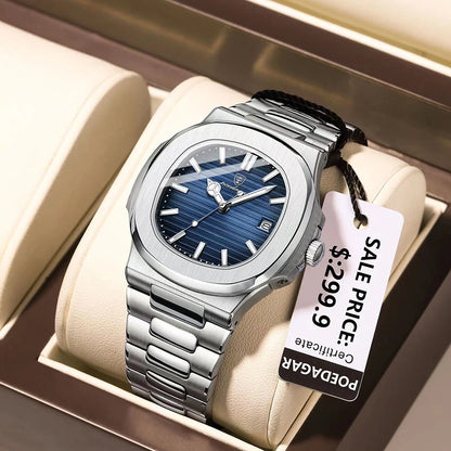 Mens Quartz Watch Waterproof Luminous Date Stainless Steel Square