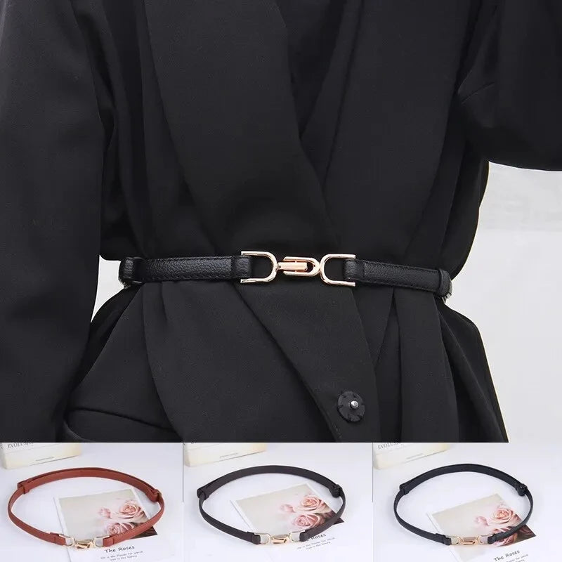 Womens Belt Leather Skinny Belt for Dress Adjustable Thin Waist Belt