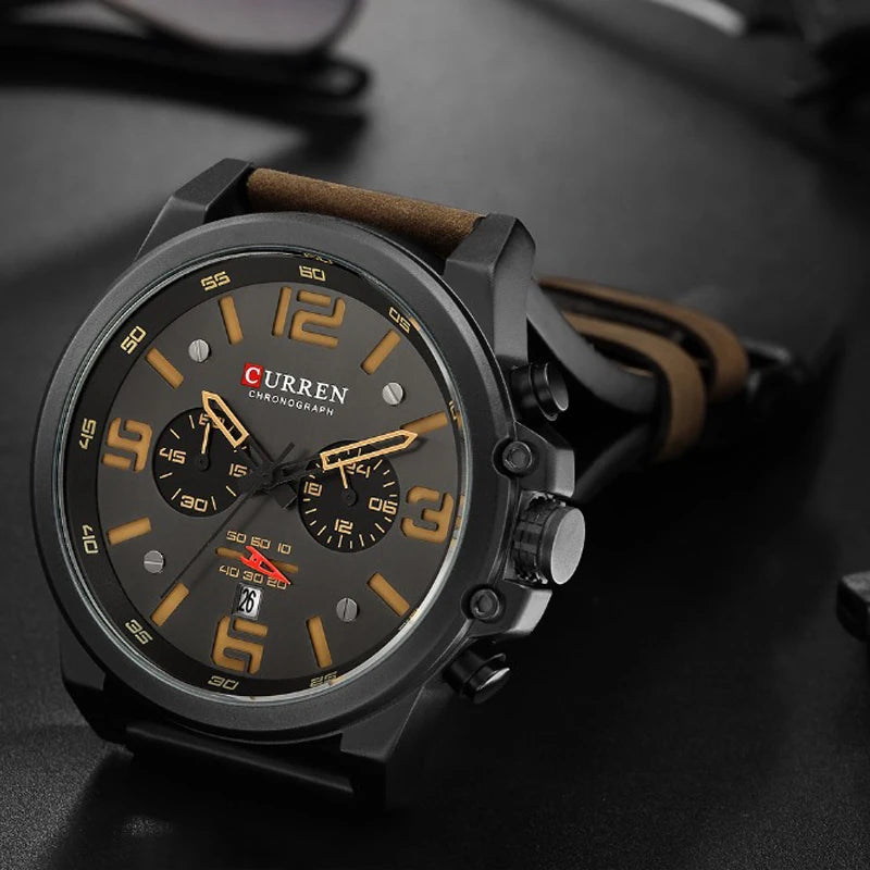 Mens Fashion Leather Quartz Watch Date Sport Chronograph Wristwatch