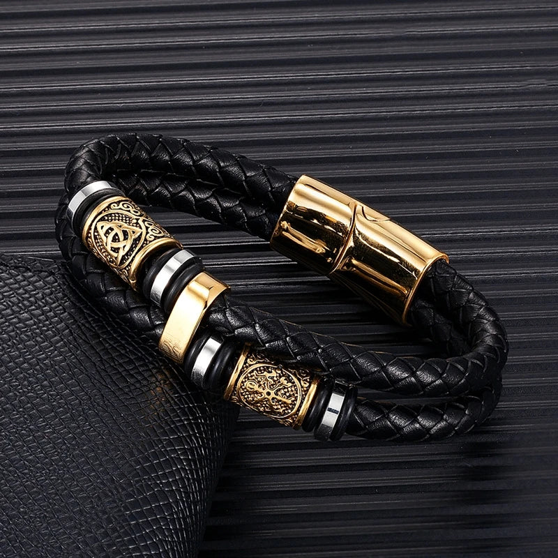 Norse Mythology Viking Compass Runes Amulet Leather Bracelet for Men