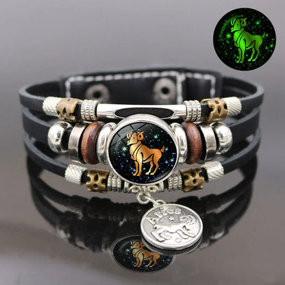 Luminous 12 Constellation Vintage Leather Bracelet for Men Women