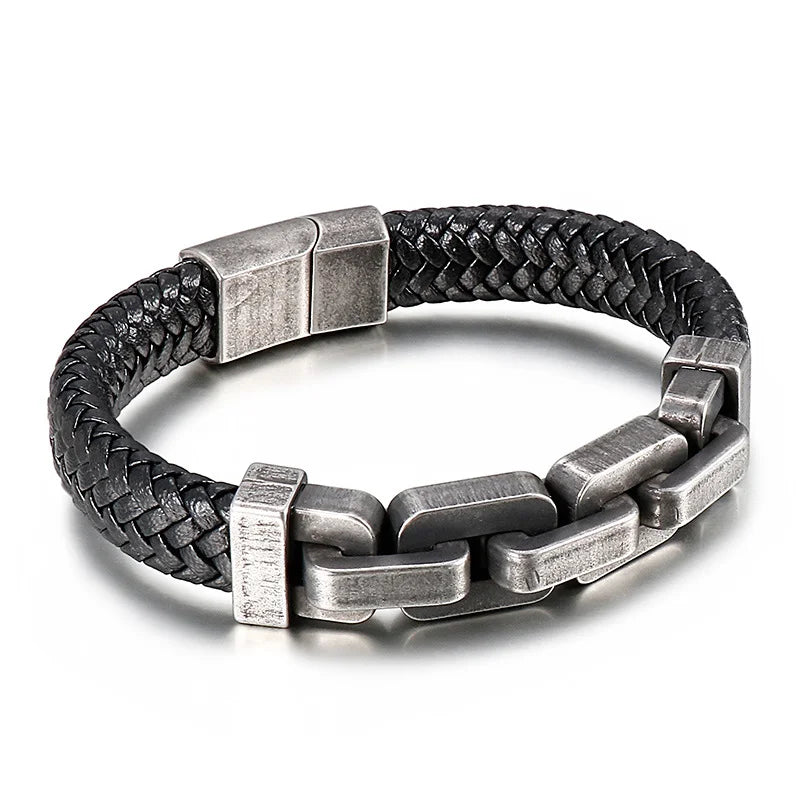 Locomotive Men Punk Rock Wide Bicycle Chain Leather Bracelet