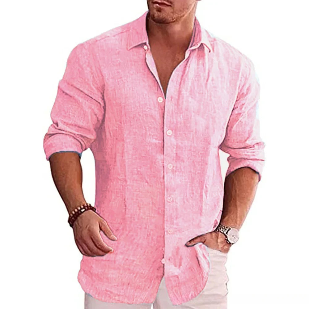 Cotton Linen Mens Long Sleeve Shirt Solid Color Casual Style