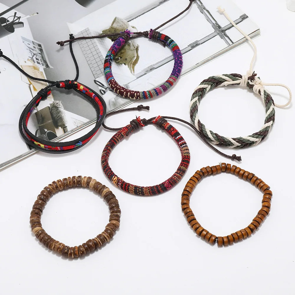 4pcs Set Braided Wrap Leather Mens Bracelet Ethnic Tribal Wristband