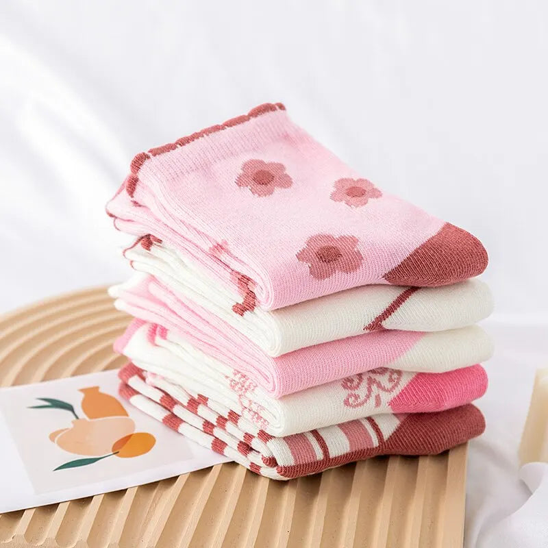 5 Pairs Pink Flower Knit Warm Kids Socks For Girls