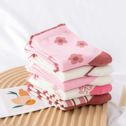 5 Pairs Pink Flower Knit Warm Kids Socks For Girls