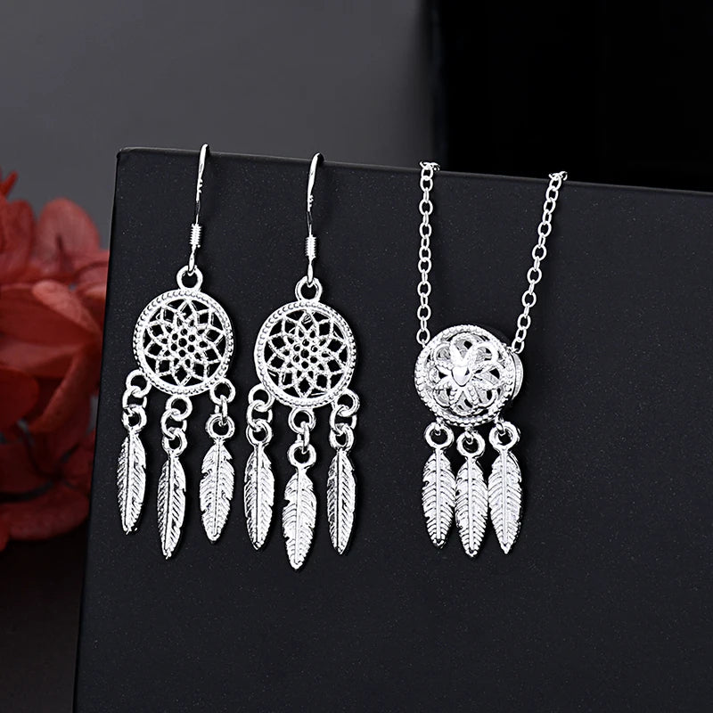 925 Sterling Silver Charm Necklace Earring Set for Women