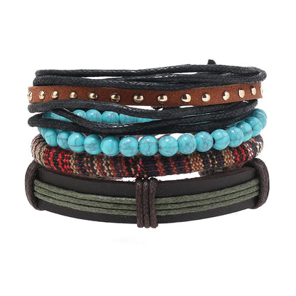 4pcs Set Braided Wrap Leather Mens Bracelet Ethnic Tribal Wristband